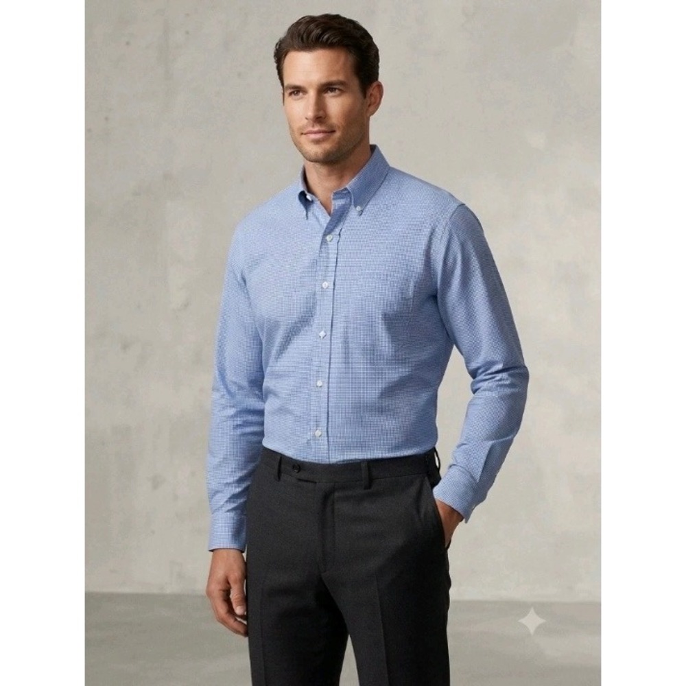 Lauren Ralph Lauren Dress Shirt Mens 17 32/33 Blue Micro Check Non Iron Cotton
